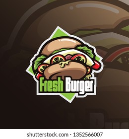 burger mascot logo design vector with modern illustration concept style for badge, emblem and tshirt printing. fresh burger illustration for resto and cafe.
