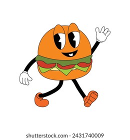 Burger mascot in retro cartoon style.
