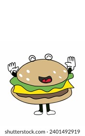 Burger mascot in retro rubber hose cartoon style.