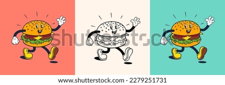 Burger mascot in retro rubber hose cartoon style.