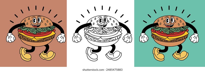 Burger mascot in retro vintage rubber hose cartoon style