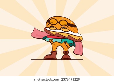 Burger mascot say Hi! in retro style, perfect for t shirt design and fast food logo on yellow retro background.