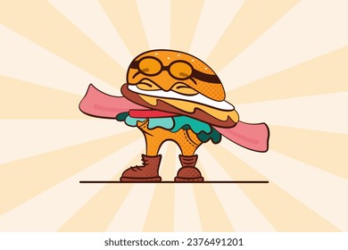 Burger mascot say Welcome! in retro style, perfect for t shirt design and fast food logo on yellow retro background.