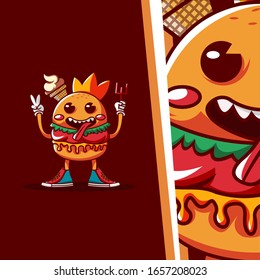 Burger mascot vector illustration isolated on background. Burger cute cartoon mascot character.
