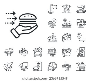 Burger meal sign. Plane, supply chain and place location outline icons. Food delivery line icon. Catering service symbol. Food delivery line sign. Taxi transport, rent a bike icon. Travel map. Vector