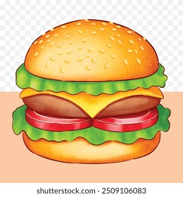 Burger. Meat. Beef and Cheese. Breakfast. Morning Food Hand Drawn for Illustration.