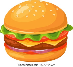 Burger with meat and cheese isolated on white. Vector cheese burger isolated, food bread bun sandwich illustration