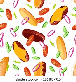Burger with meat, cheese, sauce and vegetables, tomato, onion and cucumber.  Seamless pattern. Texture for fabric, wrapping, wallpaper. Decorative print.