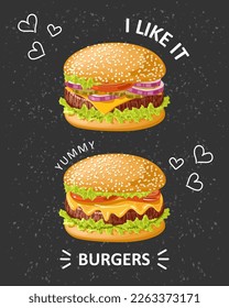 Hamburguesa con carne, queso, salsa y verduras sobre fondo negro. Ilustración vectorial creativa para afiches, banner, tarjeta, menú