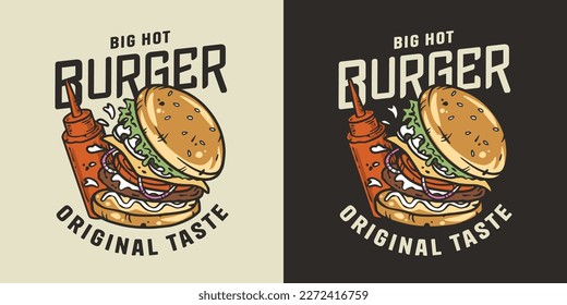Burger with meat, cheese and vegetable and bottle sauce for logo or emblem. American fast food or hamburger. USA food with bun, lettuce, cheese, tomato, onion, cutlet for store.