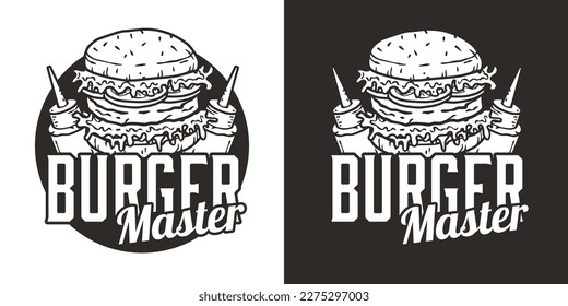 Burger with meat, cheese and vegetable and bottle sauce for logo or emblem. American fast food or hamburger. USA food with bun, lettuce, cheese, tomato, onion, cutlet for store.