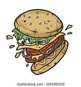 Hamburguesa con carne, queso y verduras para el diseño de logotipo o emblema. comida rápida o hamburguesa americana para etiqueta o afiche. Comida estadounidense con bollo, lechuga, queso, tomate, cebolla, chuleta para guardar.