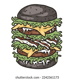 Burger with meat, cheese and vegetable for design of logo or emblem. American fast food or hamburger for label or poster. USA food with bun, lettuce, cheese, tomato, onion, cutlet for store.