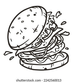 Burger with meat, cheese and vegetable for design of logo or emblem. American fast food or hamburger for label or poster. USA food with bun, lettuce, cheese, tomato, onion, cutlet for store.