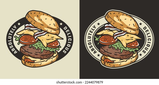 Burger with meat, cheese and vegetable for logo or emblem. American fast food or hamburger for poster. USA food with bun, lettuce, cheese, tomato, onion, cutlet for store.