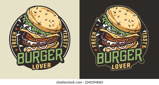 Burger with meat, cheese and vegetable for logo or emblem. American fast food or hamburger for poster. USA food with bun, lettuce, cheese, tomato, onion, cutlet for store.