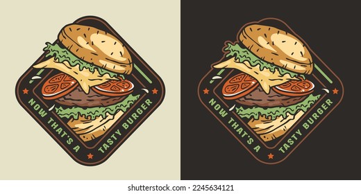 Brennen mit Fleisch, Käse und Gemüse für Logo oder Emblem. Amerikanisches Fastfood oder Hamburger zum Plakat. USA Essen mit Knospen, Salat, Käse, Tomate, Zwiebeln, Cutlet für den Laden.