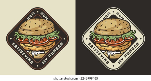 Burger with meat, cheese and vegetable for logo or emblem. American fast food or hamburger for poster. USA food with bun, lettuce, cheese, tomato, onion, cutlet for store.