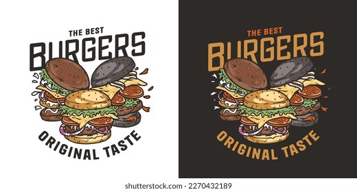 Burger with meat, cheese and vegetable for logo or emblem. American fast food or hamburger for poster. USA food with bun, lettuce, cheese, tomato, onion, cutlet for store.