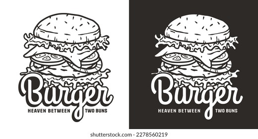 Burger with meat, cheese and vegetable for logo or emblem. American fast food or hamburger for poster. USA food with bun, lettuce, cheese, tomato, onion, cutlet for cafe and restaurant.