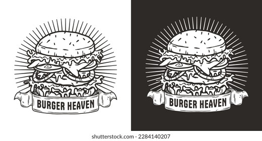 Hamburguesa con carne, queso y verduras para logotipo o emblema. Afiche de comida rápida o hamburguesa americana. Comida estadounidense con bollo, lechuga, queso, tomate, cebolla, chuleta para guardar.