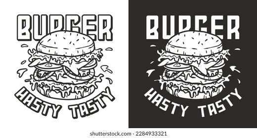 Burger with meat, cheese and vegetable for logo or emblem. American fast food or hamburger for poster. USA food with bun, lettuce, cheese, tomato, onion, cutlet for store.