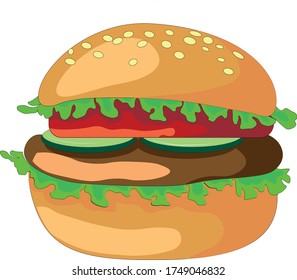 burger with meat and cucumbers and lettuce