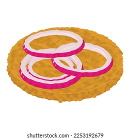 Burger meat icon isometric vector. Raw minced meat in cutlet form and onion ring. Protein product, frozen mince