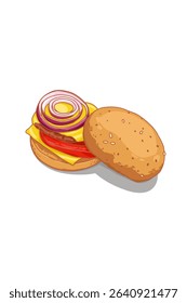 Burger meat melted mozzarella cheese tomato onion and Bun street food issolated on white background