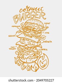 Burger with meat vegetables, juicy tasty, poster drawn by line for restaurants cafe menus, hamburger on fire cooked, street food poster