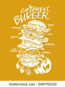 Burger with meat vegetables, juicy tasty, poster drawn by line for restaurants cafe menus, hamburger on fire cooked, street food poster