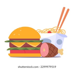 Burger, Meat And Wok Fast Food, Variety Of Delicious Options Such As Juicy Burger, Savory Stir-fries, And Flavorful Noodles. Perfect For Quick Meals On The Go Or Dine-in. Cartoon Vector Illustration