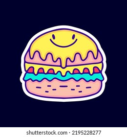 Burger with melted emoji face cartoon, illustration for t-shirt, sticker, or apparel merchandise. With modern pop and retro style.