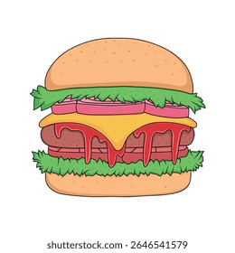 Burger geschmolzene Sauce Doodle Farbe Vektorgrafik