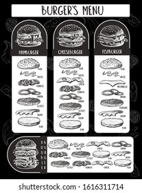 
Burger menu with  composition of products in  graphic style.
