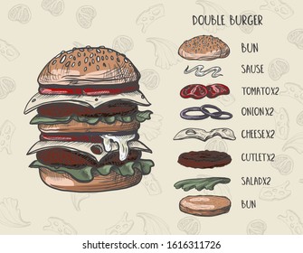 
Burger menu with  composition of products in  graphic style.