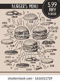 
Burger menu with  composition of products in  graphic style.