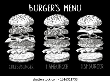 
Burger menu with  composition of products in  graphic style.