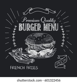 El concepto del menú de hamburguesas en el fondo de la pizarra. Dibujo vectorial de pizarra de patatas fritas y hamburguesas. 