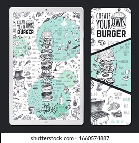 Burger Menü Design Vorlage auf Tablet PC für Restaurant und Café. Vintage handgezeichnet doodle Kochsymbole für Infografiken auf weißem Hintergrund. Vektorillustration Hipster Skizze-Stil Illustration des Hamburger