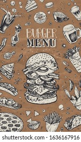 Burger menu design template for restaurants and cafes. Hand-drawn doodle sketch hamburger, coffee, french fries, tacos, burrito, beer and pizza. Vector vintage retro. engraving style. craft paper