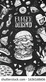 Burger menu design template for restaurants and cafes. White chalk icons on black. Hand-drawn hamburger sketch, coffee, french fries, tacos, burritos, beer and pizza. Vector vintage retro