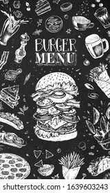 Burger menu design template for restaurants and cafes. White chalk icons on black. Hand-drawn hamburger sketch, coffee, french fries, tacos, burritos, beer and pizza. Vector vintage retro