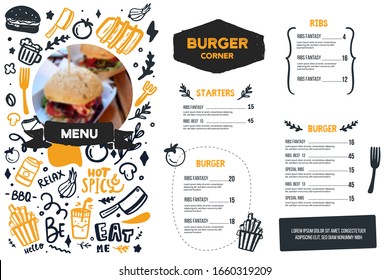 Burger menu with doodle icons and sketch burger, food background, cafe design, grill brochure, cooking flyer