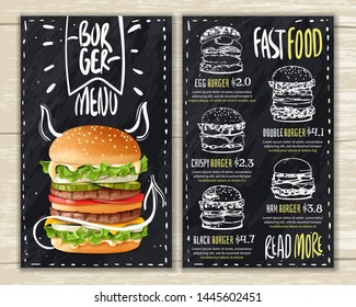 Burger menu. Fast food brochure on wooden surface with a list of hamburgers on a chalkboard background hipster style. Vector