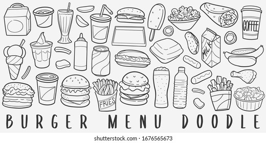 Burger Menu Fast Food Doodle Line Art Illustration. Hand Drawn Vector Clip Art. Banner Set Logos.