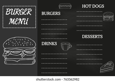 Burger menu, fast food template, doodle design. Hot dogs menu placemat, food restaurant brochure. Vintage creative template with hand-drawn graphic. Menu mock-up for cafe, flyer in sketch, retro style