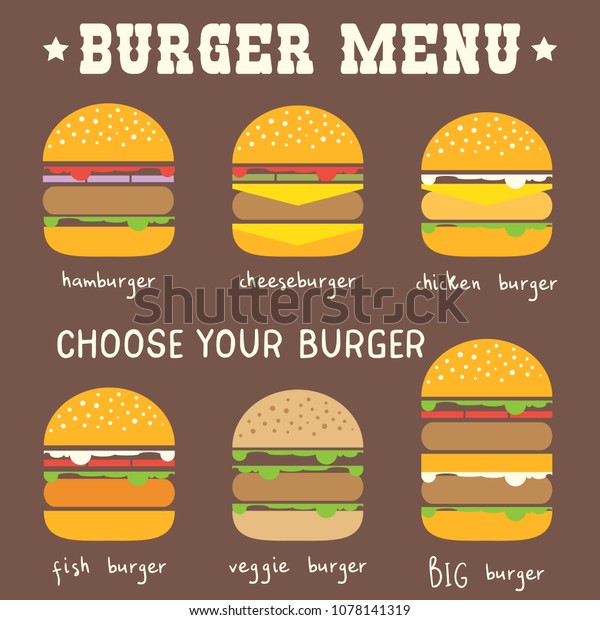 Burger Menu in Flat Infographic Style. Types of Hamburgers. Vector Illustration.