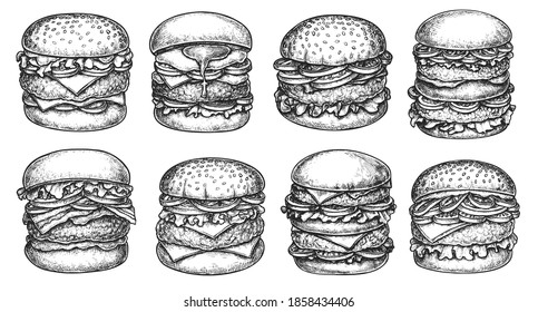 Burger menu with hamburger, cheeseburger hand drawn sketch. Appetizing fast food with bun, meat, vegetable burger, onion ring, lettuce, sauce, burger ingredient vector isolated on white background