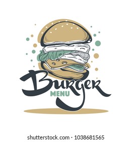 Menú de hamburguesa, boceto dibujado a mano con la composición de letras para su logotipo, emblema, etiqueta
